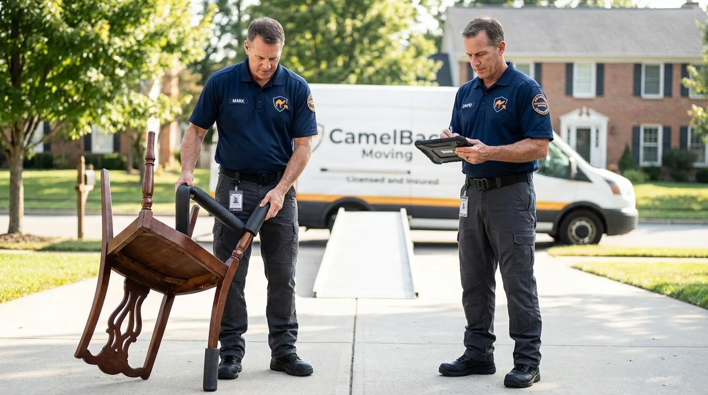 Movers inspecting furniture for damage prevention before loading in Kellyville, OK