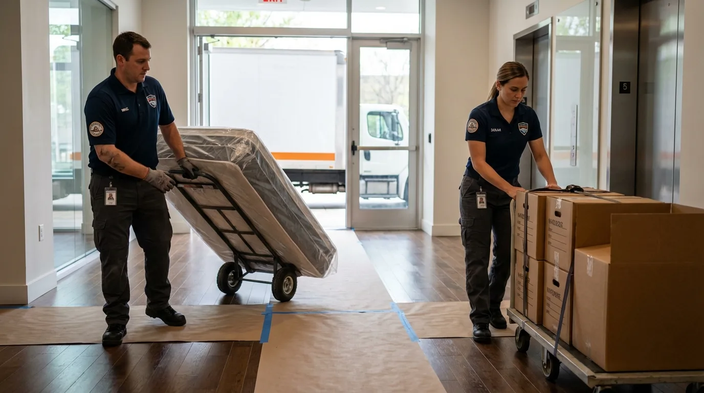 Professional apartment movers loading elevator in Kellyville, OK